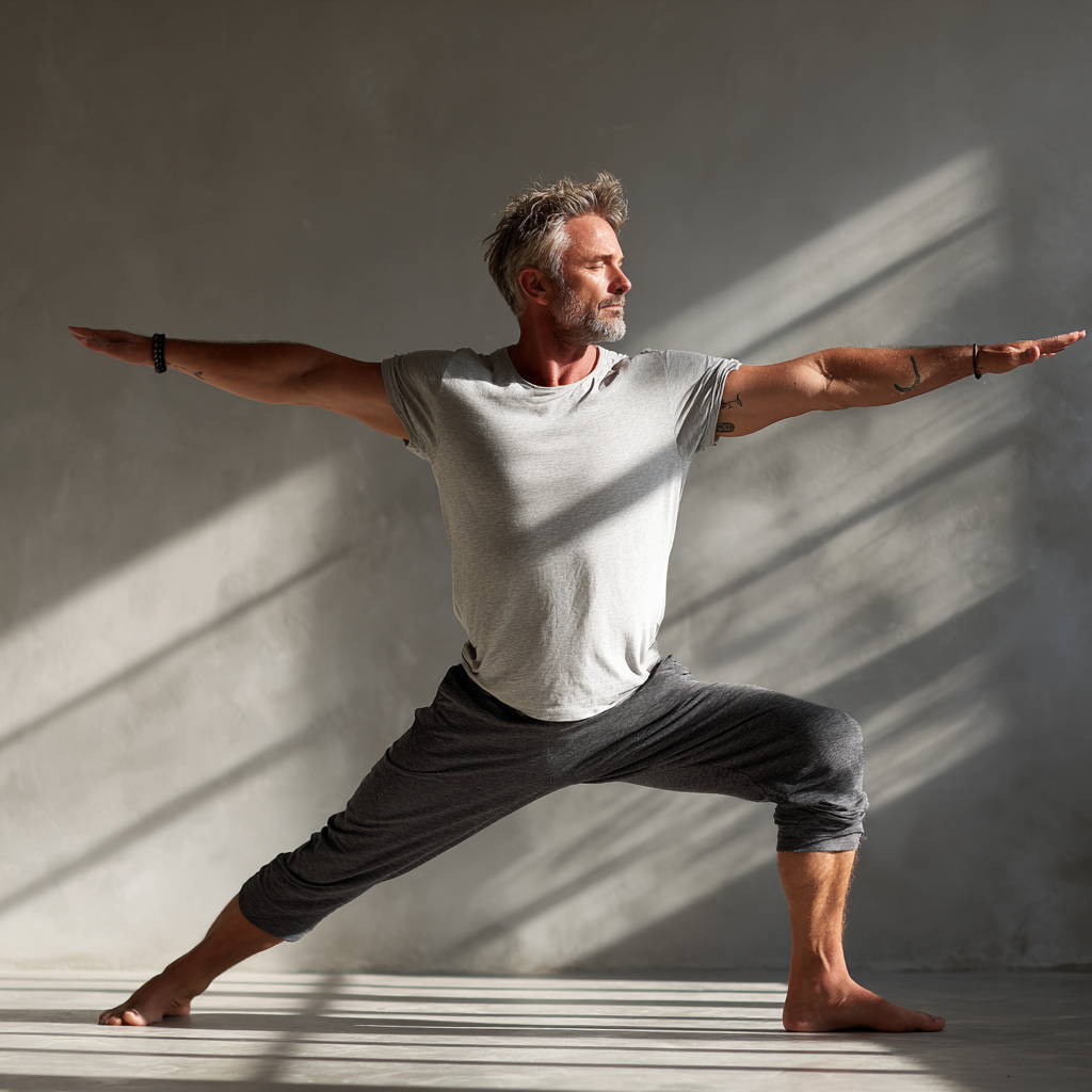 Peaceful middle-aged man in his late forties doing yoga warrior pose in bright studio with natural lighting