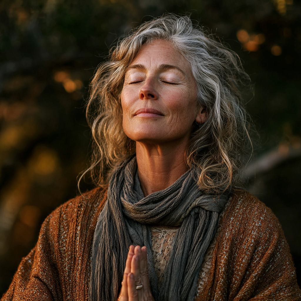 Serene woman in her early fifties practicing yoga meditation pose outdoors in natural setting with soft lighting